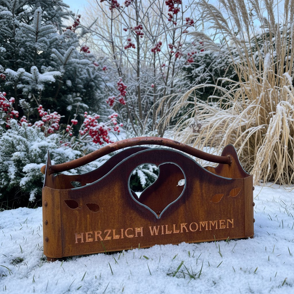 Dekotasche mit Herz-Ausschnitt „Herzlich Willkommen”